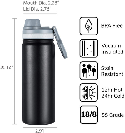 Stainless Steel Vacuum Insulated Water Bottle,Wide Mouth Metal Water Bottle,Black Double Wall with Leak Proof Spout Lid, BPA Free,18oz