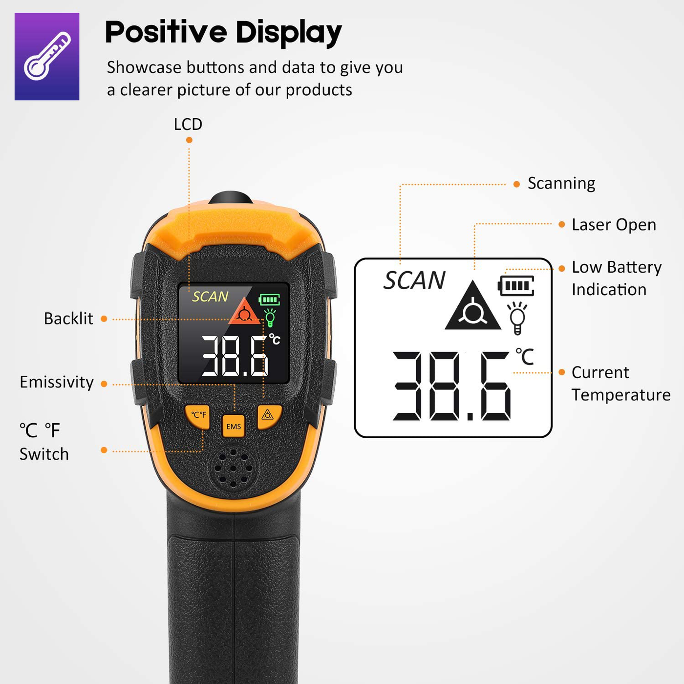 Infrared Thermometer No Touch Digital Laser Temperature Gun with Color Display -58℉～1112℉(-50℃～600℃)Adjustable Emissivity - for Cooking/BBQ/Freezer - Meat Thermometer Included -Non Body Thermometer