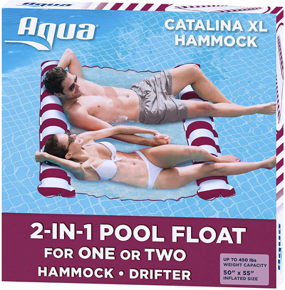 Aqua LEISURE Catalina XL Hammock, 4-in-1 Multi-Purpose Inflatable 1-2 Person Pool Float, Water Lounge, Burgundy/White Stripe (AQL13837BZ)