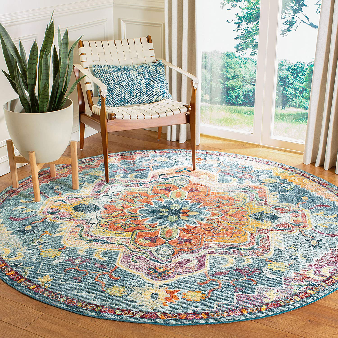 Safavieh Crystal Collection CRS501J Boho Chic Oriental Medallion Distressed Non-Shedding Stain Resistant Living Room Bedroom Area Rug, 4' x 4' Round, Teal / Orange