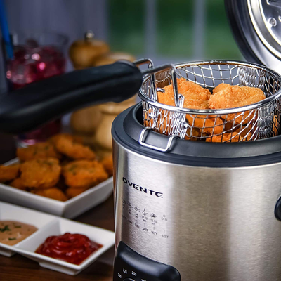 Ovente Electric Oil Deep Fryer 0.9 Liter with Stainless Steel Basket and Temperature Control, 840 Watt Power with Heating Element, Perfect for Chicken Fries Compact & Easy Storage, Silver FDM1091BR