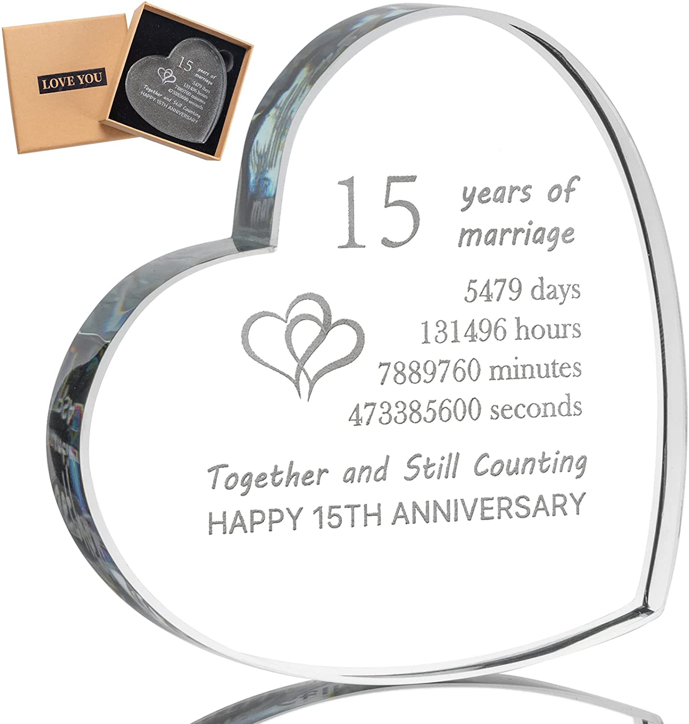 CQNET 15th Wedding Anniversary Crystal Heart Couple Engraved Glass 15 Year Valentine's Day Anniversary Birthday Gift for Him or Her (15th)