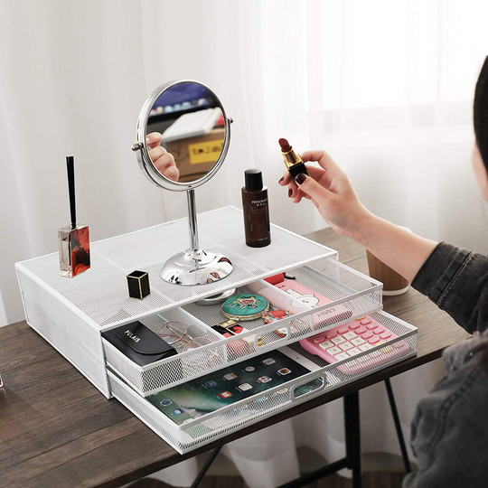 HUANUO Monitor Stand Riser with Drawer - Mesh Metal Desk Organizer PC, Laptop, Notebook, Printer Holder with Pull Out Storage Drawer (White)