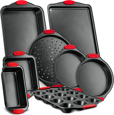 Multi-Piece Carbon Steel Nonstick Bakeware Baking Tray Set w/Heat Red Silicone Handles, Oven Safe, Cookie Sheet