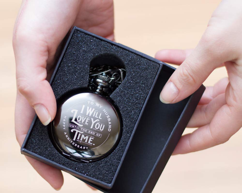 Engraved Wedding Anniversary Pocket Watch with Chain for Husband, a Classy Gift Set for Him with Elegant Gift Box, 1 Year Anniversary Gift Clock