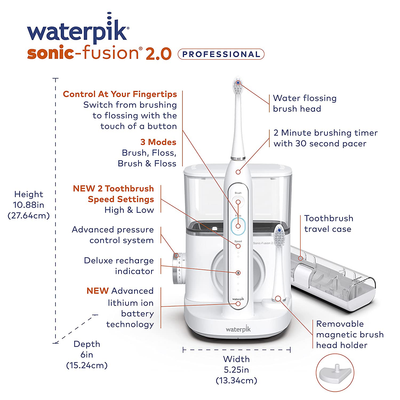 Waterpik Sonic-Fusion 2.0 Professional Flossing Toothbrush, Electric Toothbrush and Water Flosser Combo In One, White