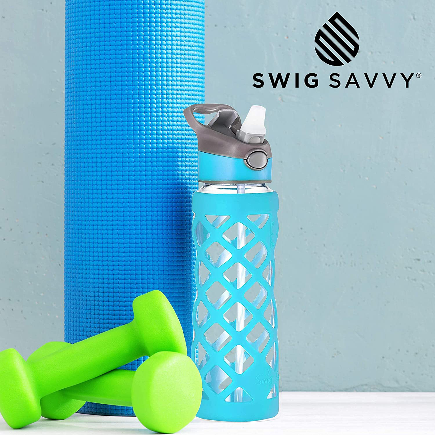 Clear Glass Bottles with Straw, 25 Oz Heat Resistant Glass Sports Bottles, Reusable Water Bottle, Tumbler with Silicone Sleeve, Blue by Swig Savvy