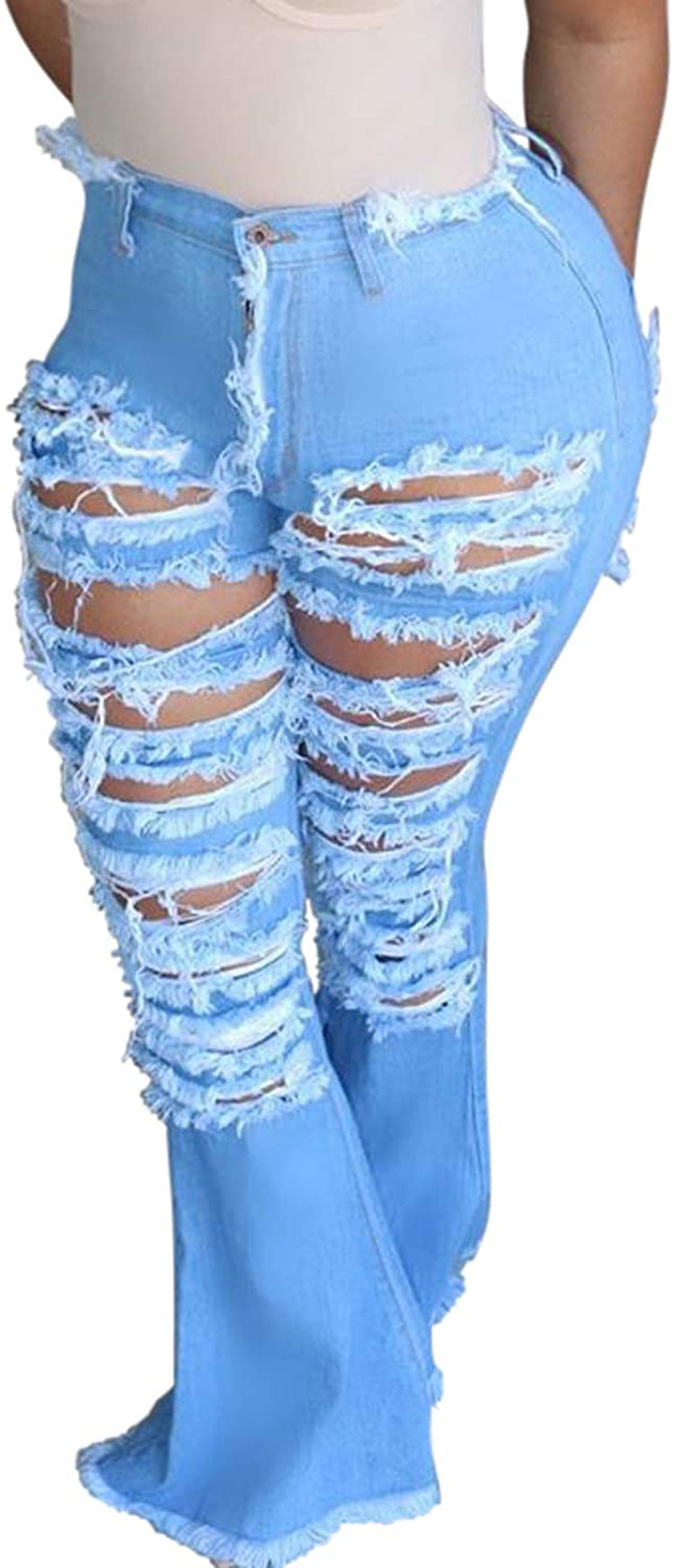 Bell Bottom Jeans for Women Elastic Skinny Ripped Hole Classic Denim Pants