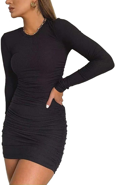 MiiVoo Women's Sexy Club Ruched Long Sleeve Drawstring Mini Bodycon Dress