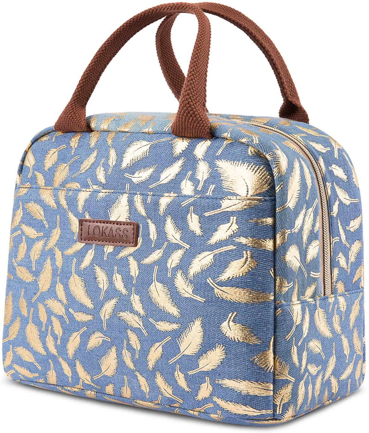 LOKASS Lunch Bag Cooler Bag Women Tote Bag Insulated Lunch Box Water-resistant Thermal Lunch Bag Soft Liner Lunch Bags for women/Picnic/Boating/Beach/Fishing/Work (Blue+Gold leaf)