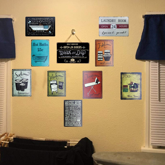 Laundry Room Open 24 Hours Vintage Metal Sign Washroom Wall Decor Vintage Laundy Room Sign for Home Decoration 2Pcs-8X12Inch