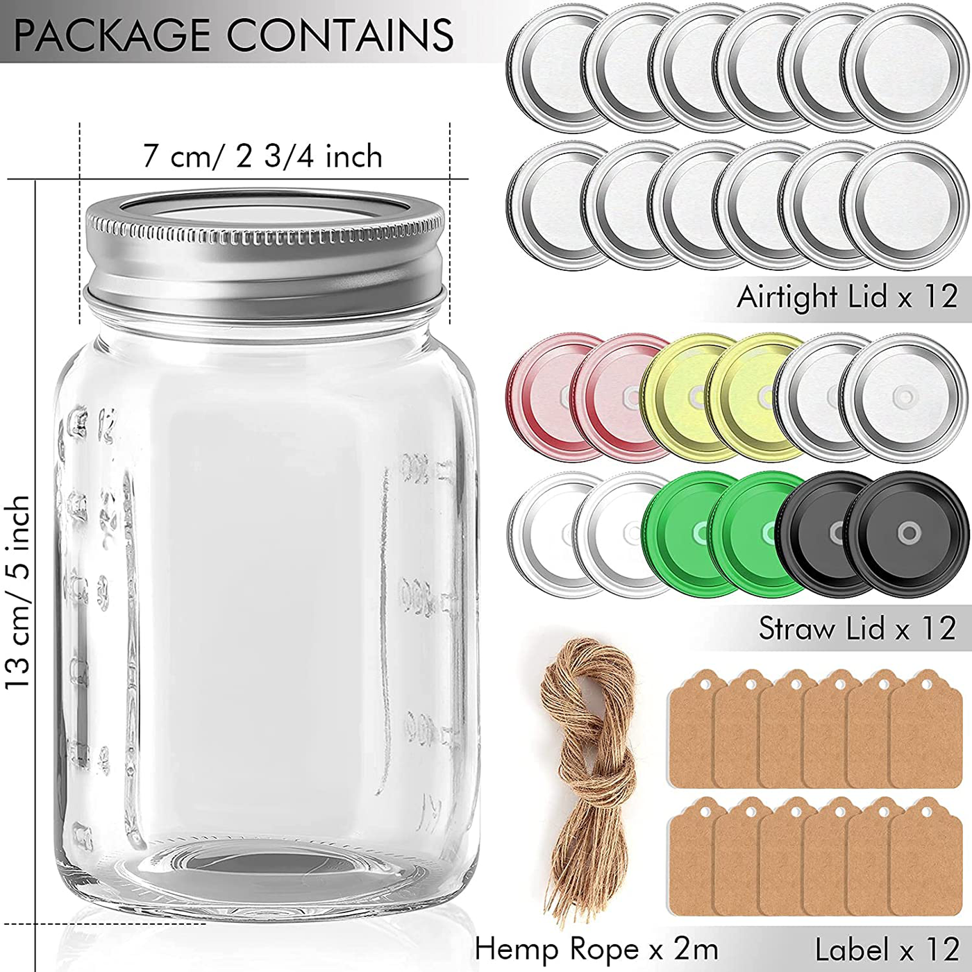 16 Oz Mason Jars, Budiwati 12 Packs Regular Mouth Glass Mason Jars with Airtight&Straw Lids Clear Canning Jar with Measurement Marks for Storing, Canning, Organizing -12 Pcs Labels and Hemp Rope