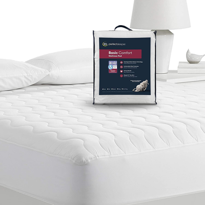 Serta Perfect Sleeper Basic Comfort Mattress Pad, Air Dry Moisture Wicking, Microfiber Fill, Scotchgard Stain Release, Antimicrobial Odor Protection, Cooling, Queen, White