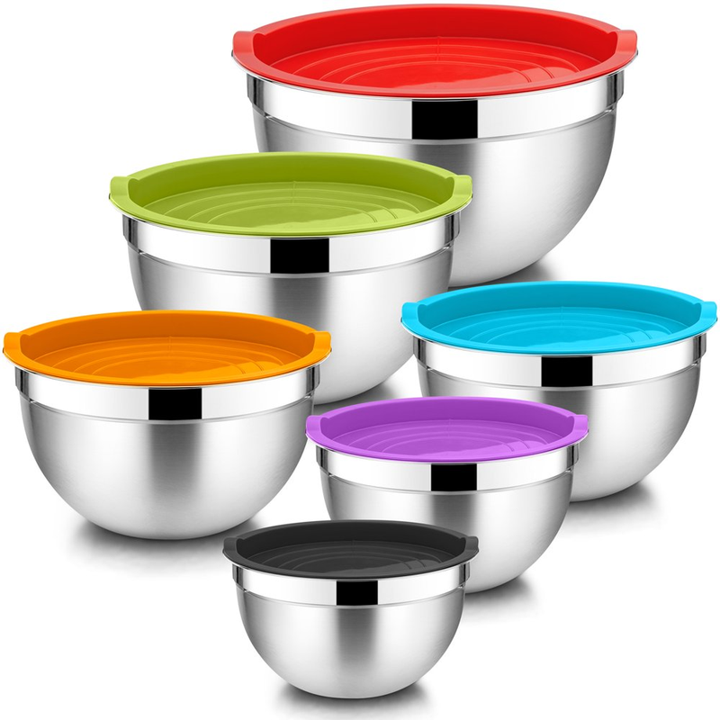 Set of 6 Mixing Bowls with Lids, Stainless Steel Metal Nesting Bowls for Cooking, Baking, Preparing & Serving