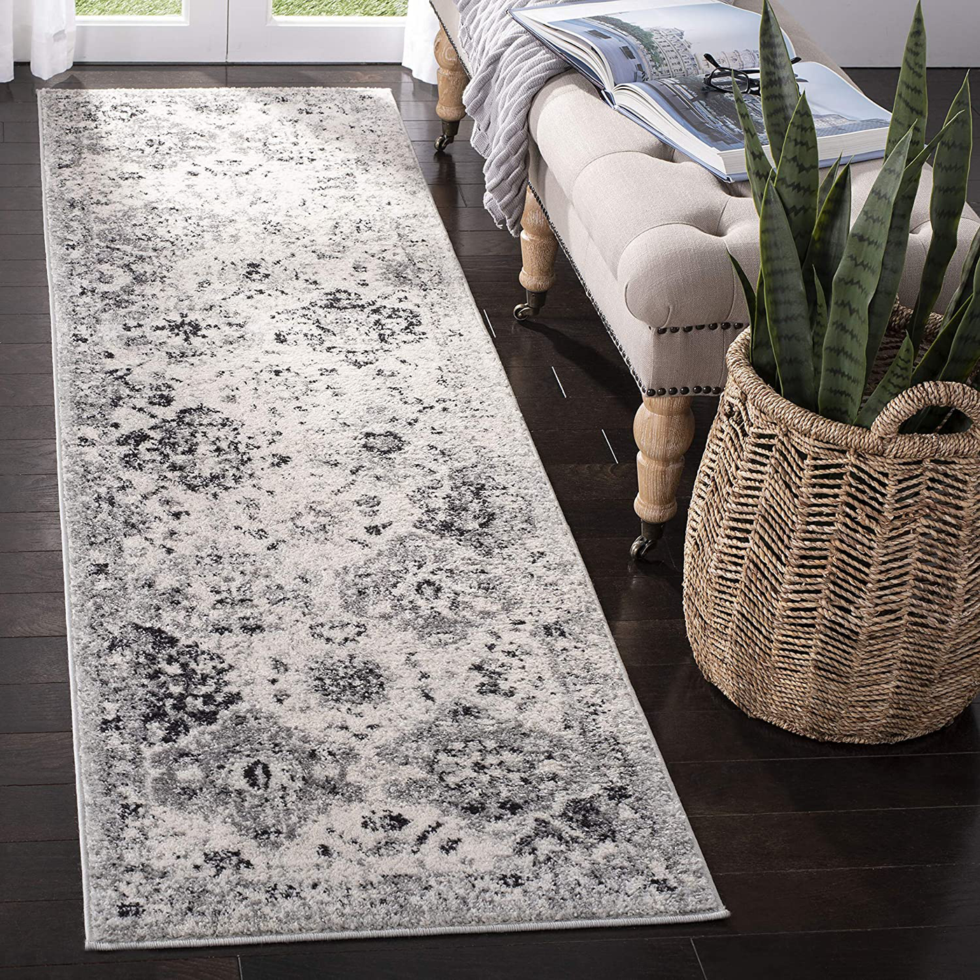 Safavieh Madison Collection MAD611G Boho Chic Floral Medallion Trellis Distressed Non-Shedding Stain Resistant Living Room Bedroom Runner, 2'3" x 16' , Silver / Grey
