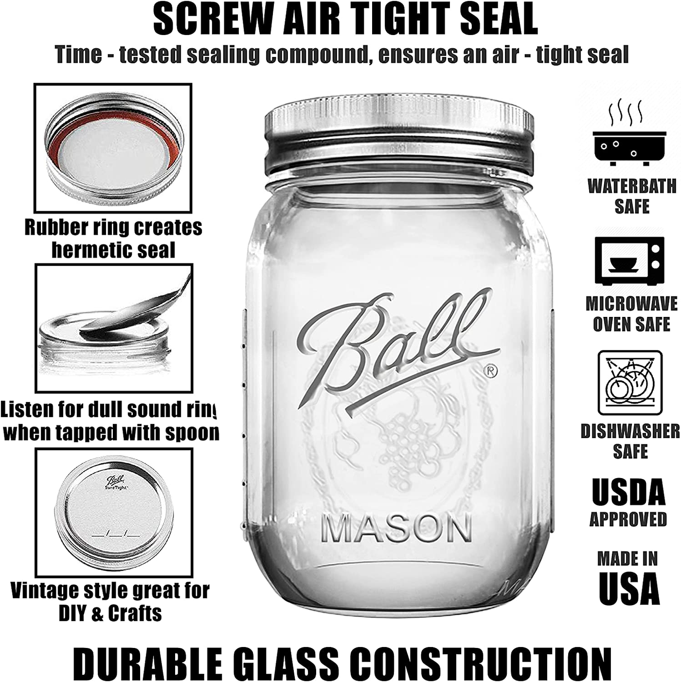 Ball Mason Jars 16 oz Bundle with Non Slip Jar Opener brand BHL Jars Set of 6 - 16 Ounce Size Mason Jars with Regular Mouth - Canning Glass Jars with Lids, Heritage Collection