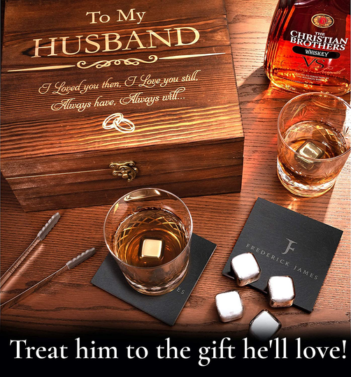 Anniversary Gi fts for Him I Anniversary for Husband - Whiskey Glass Set - 'To My Husband' I Wedding Anniversary Gift from Wife I Flamed Wood Case, 2 Hand-Cut Crystal Glasses, & Cooling Stones