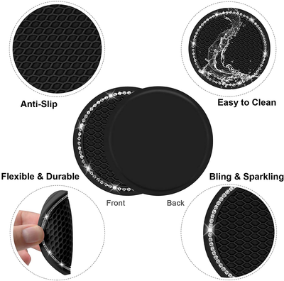 Bling Car Coaster, SHANSHUI 6 Pack Universal Vehicle Cup Holders for Car Cute Silicone Anti-Slip Insert Coaster Crystal Rhinestone Interior Accessories Suitable for Most Cars (Black/ 6Pcs)