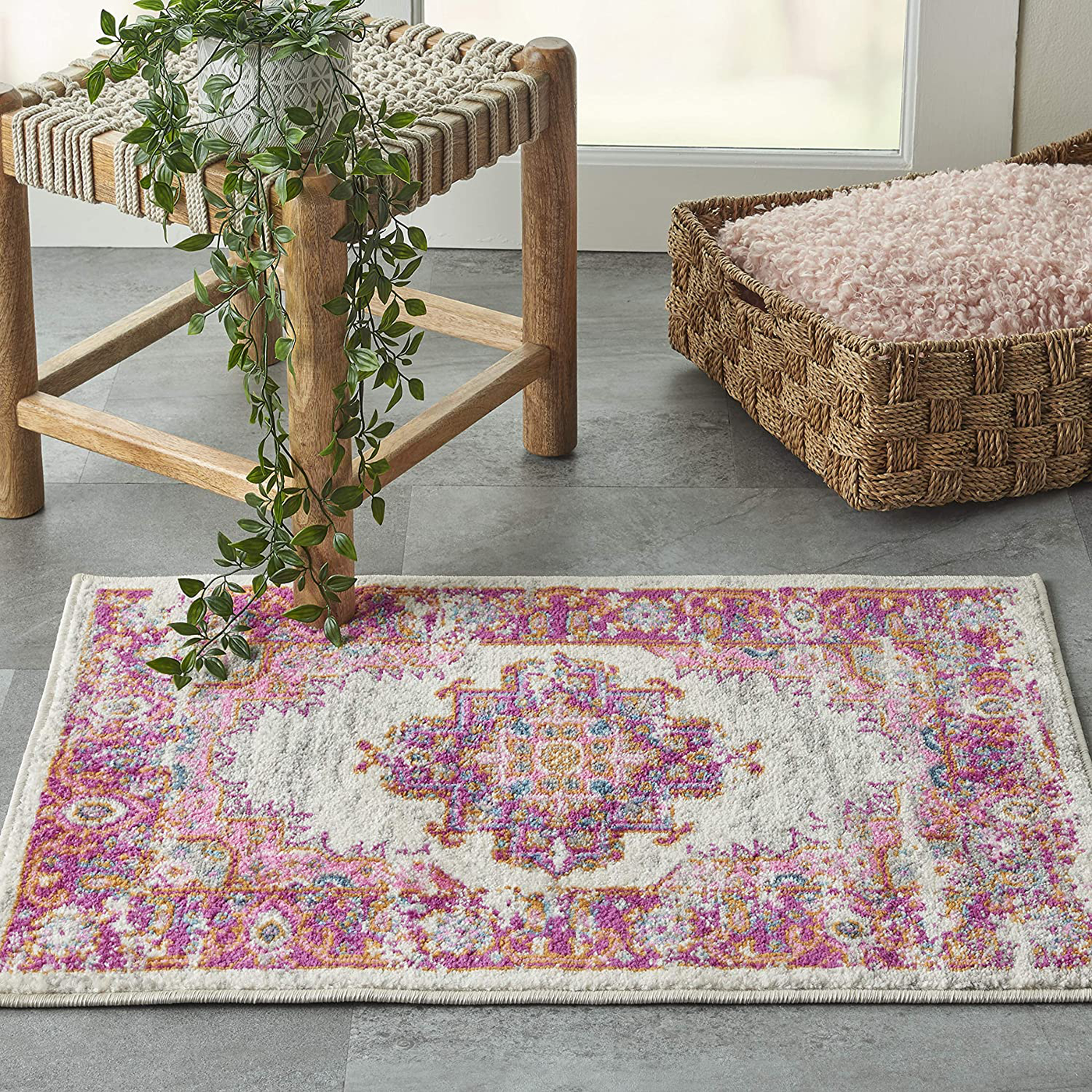 Nourison Passion Bohemian Modern/Traditional Area Rug, 22" x 34", Ivory/Fushia, 2 Feet