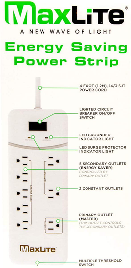 MaxLite 8 Outlet Energy Saving Power Strip with Surge Protection, 4" Heavy Duty Cord, 1 Control Outlet