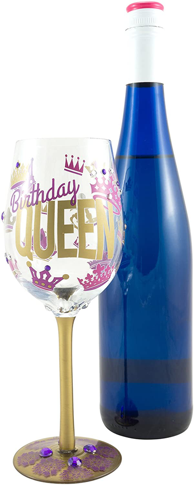 Top Shelf “Birthday Queen” Decorative Wine Glass ; Funny Gifts for Women ; Hand Painted Purple and Gold Design ; Unique Red or White Wine Glasses