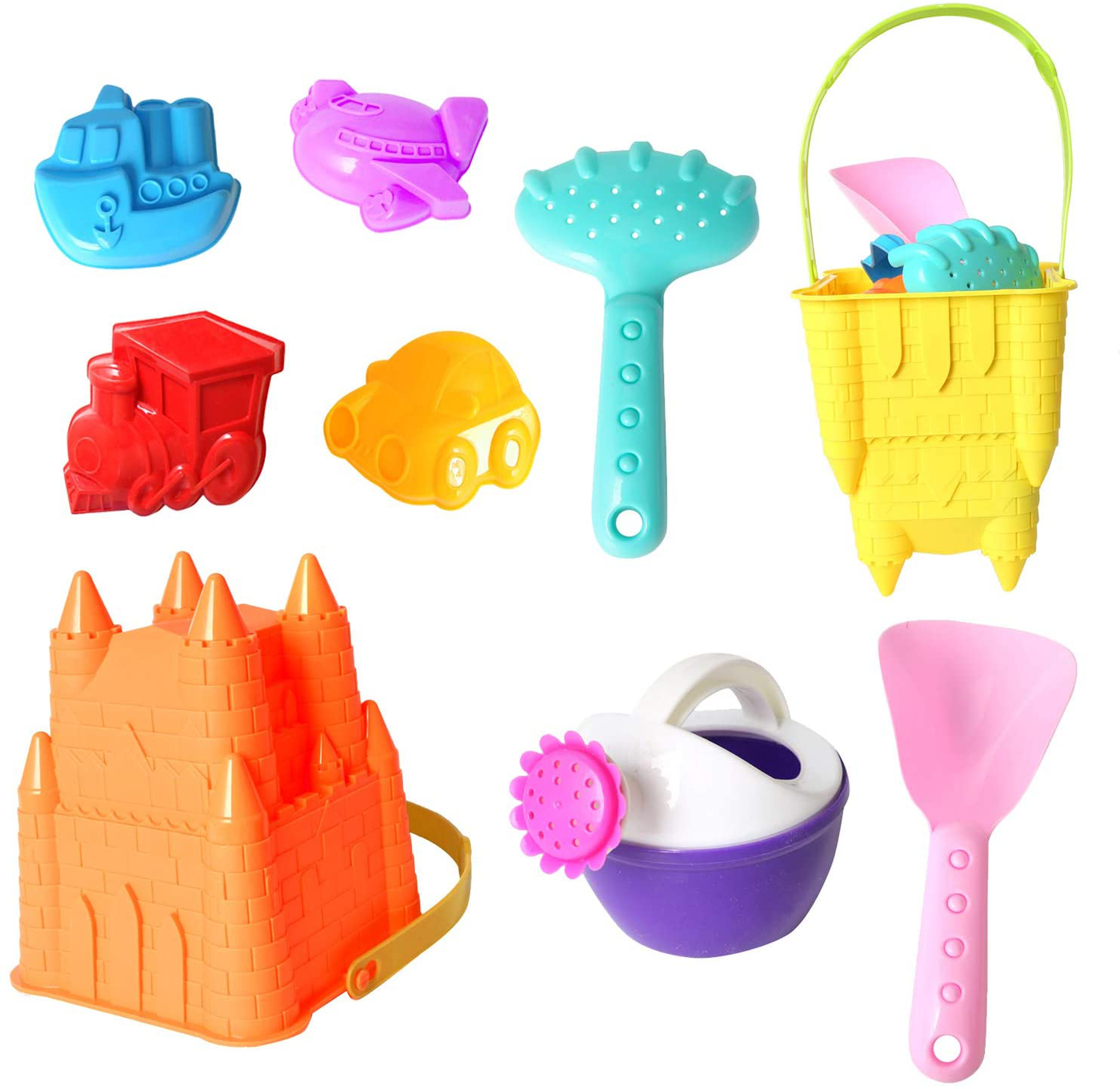 OUFOTAT Beach Toy Set for Kids - Including Shovel, Rake, Watering Can and Duck Waterwheel Random Color, Indoor Outdoor Sand Play Toys for Boys and Girls (4PCS Beach Toys 6231)