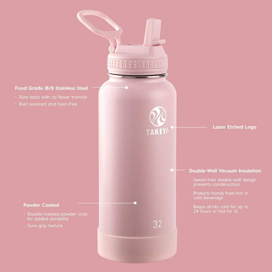 Takeya Actives Insulated Stainless Steel Water Bottle with Straw Lid, 32 oz, Blush