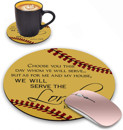 Round Mouse Pad with Coasters Set, Softball Surface Quotes Inspirational Quotes Bible Verse Phil 4:13 Design Mouse Pad, Non-Slip Rubber Base Mouse Pads for Laptop and Computer Office Accessories