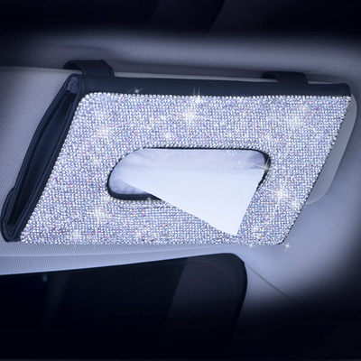 ChuLian Bling Bling Car Sun Visor Tissue Box Holder,Crystal Sparkling Napkin Holder,PU Leather Backseat Tissue Case Car Accessories for Women,Black