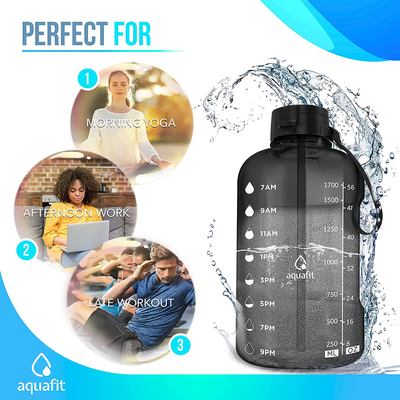 AQUAFIT Half Gallon Water Bottle with Straw Half Gallon Water Jug Motivational Water Bottle 64 Ounce Water Bottle with Time Marker Large Water Bottle Big Water Bottle 1/2 Gallon Water Jug Big Water Jug Gray