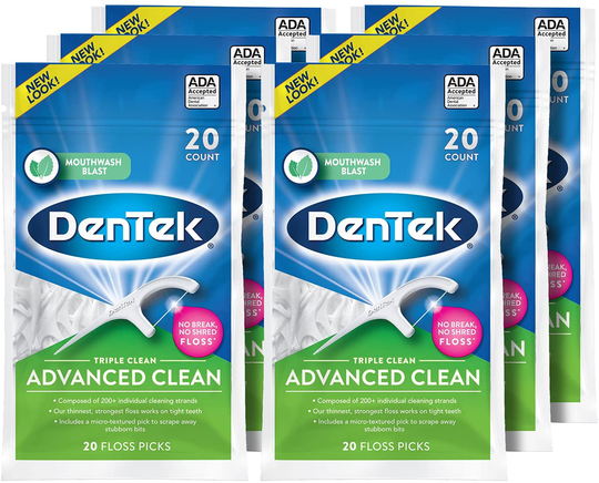 DenTek Triple Clean Advanced Clean Floss Picks, No Break & No Shred Floss, 20 Count, 6 Pack