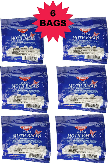 Enoz Moth Balls 4oz, 6-Packages Protects Against Clothes Moths, Carpet Beetles and Their Eggs and Larvae. Moth Killer