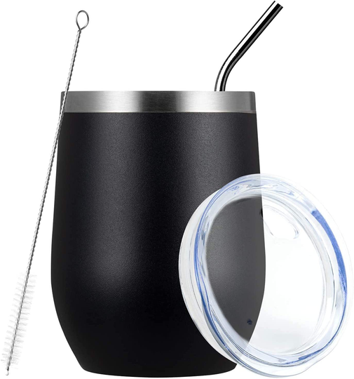 RUNSPORT Stainless Steel Wine Tumbler With Lid and Straws 12 Oz Double Wall Durable Stainless Steel Insulated Wine Glass for Wine, Coffee, Cocktails, Personalized Birthday and Holiday Gifts (Black)