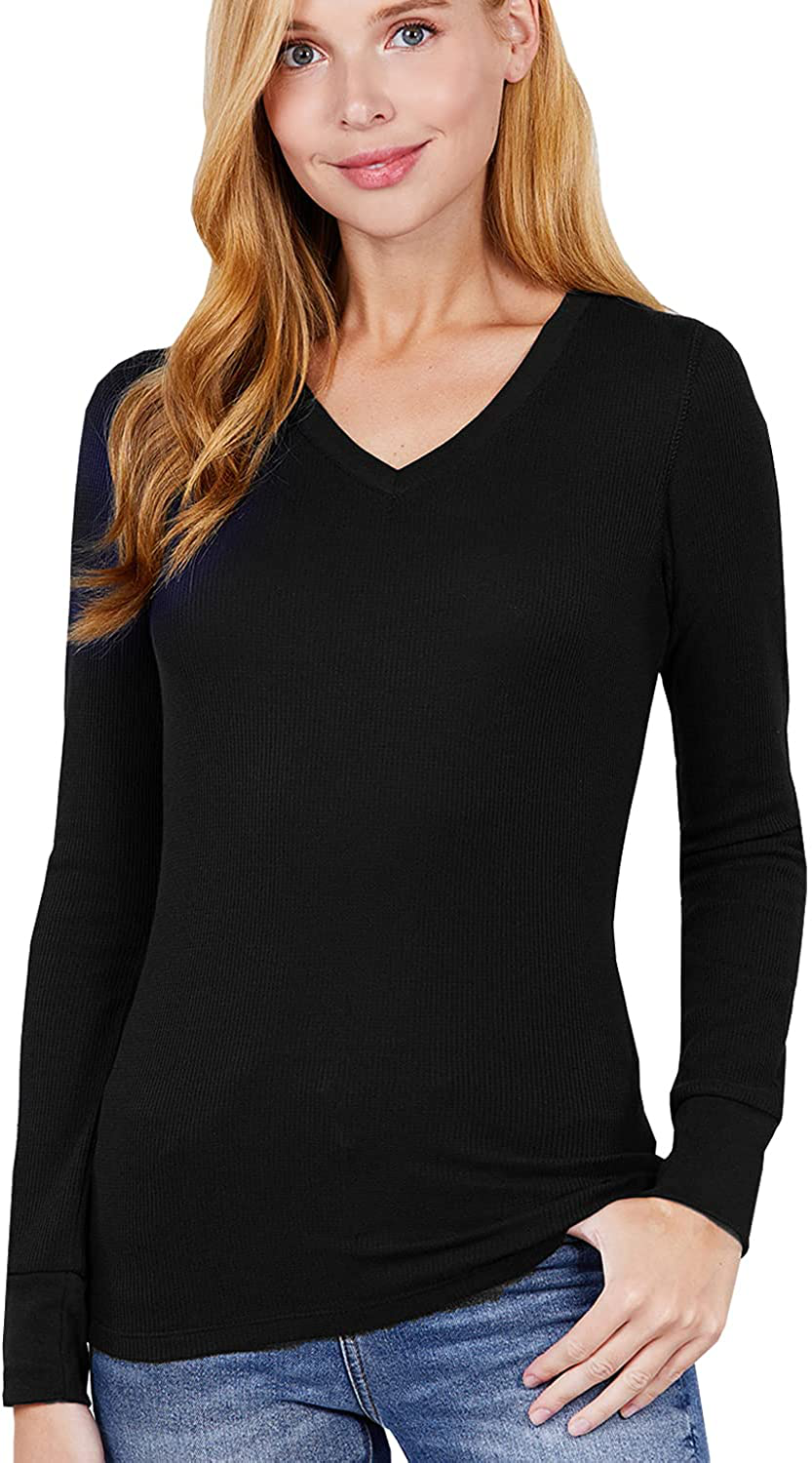 Womens Basic Solid Lightweight Long Sleeve Crew Neck & V Neck Fitted Thermal Warm wear Top Shirt Plus (S-2XL)