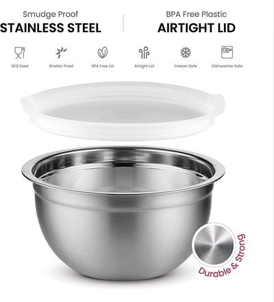 Premium Stainless-Steel Mixing Bowls with Airtight Lids (Set of 5) Nesting Bowls for Space-Saving Storage, Easy-Grip & Stability Design Mixing-Bowl Set Versatile For Cooking, Baking, & Food Storage