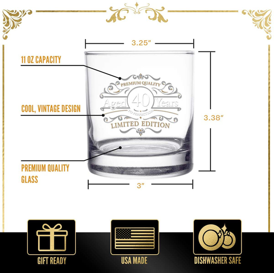 1981 Vintage Edition Birthday Whiskey Scotch Glass (40th Anniversary) 11 oz- Vintage Happy Birthday Old Fashioned Whiskey Glasses for 40 Year Old- Classic Lowball Rocks Glass- Birthday, Reunion Gift