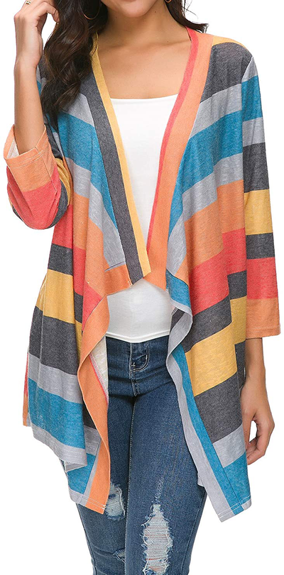 DEARCASE Women's 3/4 Sleeve Cardigans Striped Printed Open Front Draped Kimono Loose Cardigan