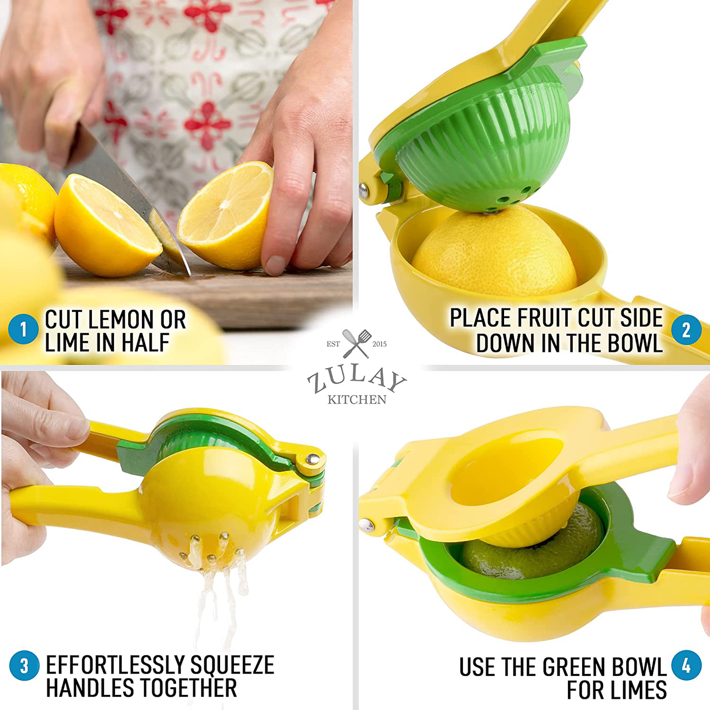 Zulay Metal 2-In-1 Lemon Lime Squeezer - Hand Juicer Lemon Squeezer - Max Extraction Manual Citrus Juicer (Vibrant Yellow and Blue Atoll)