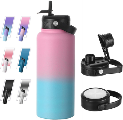 Bluego 32oz Stainless Steel Water Bottle with 3 Lids -Straw-Spout-Handle Lids, Vacuum Wide Mouth Reusable Metal Water Bottles,Keeps Hot and Cold Leak-Proof Sports Flask-PinkBule
