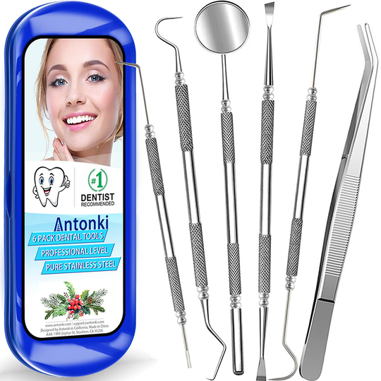 Dental Tools To Remove Plaque and Tartar, Professional Teeth Cleaning Tools, Stainless Steel Dental Hygiene Oral Care Kit with Plaque Remover, Tartar Scraper, Tooth Scaler, Dental Pick - with Case