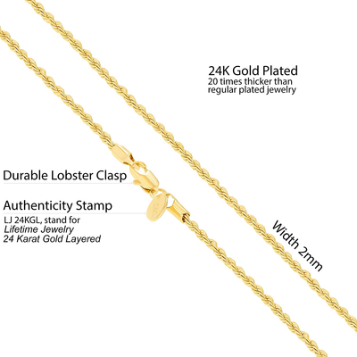 2mm Rope Chain Necklace 24k Real Gold Plated for Women and Men