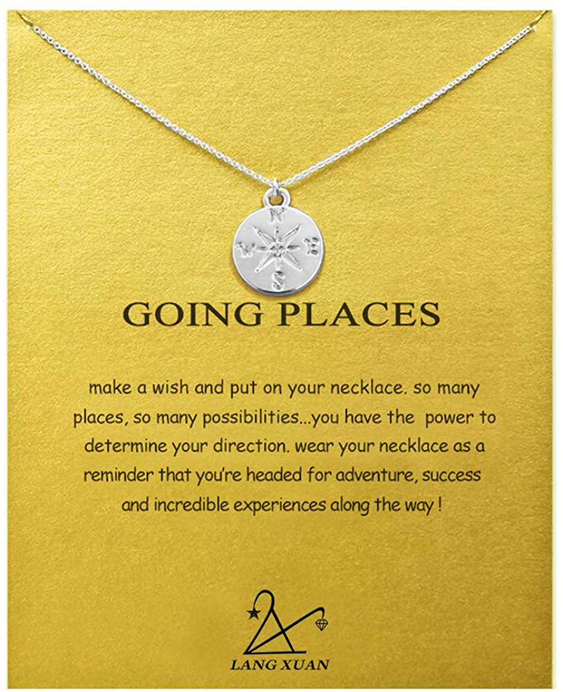 LANG XUAN Friendship Compass Necklace Good Luck Butterfly Pendant Chain Necklace with Message Card Gift Card for Women Girl