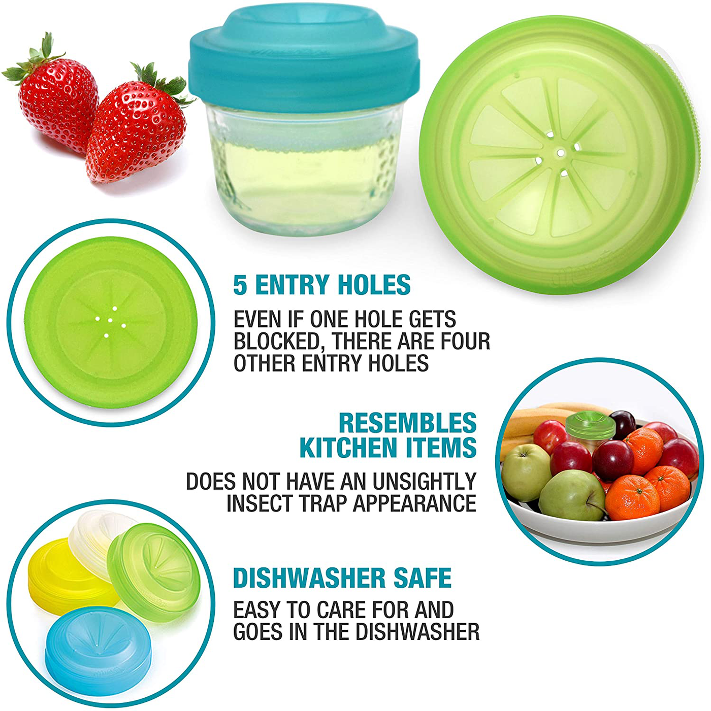 Masontops Trap Caps - Reusable Indoor/Outdoor Fruit Fly Trap Catching Lids - Fits Any Regular Mouth Mason Jar - 4 Pack