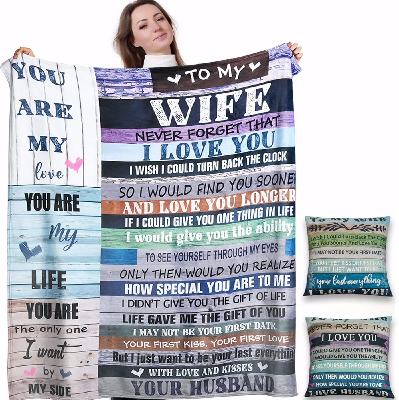 to My Wife Blanket Anniversary Blanket Gift for Her Wife Birthday Gifts from Husband Romantic Present Valentines Day Throw Blankets with 2 Pillow Covers
