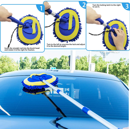 2 in 1 Microfiber Car Wash Mop Mitt with 45" Aluminum Alloy Long Handle,Chenille Car Cleaning Kit Brush Duster with Scratch Free for Washing Car/Truck/RV,2 Mop Head and 1 Towels and Air Vent Duster