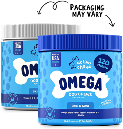Active Chews Omega 3 Fish Oil for Dogs | Dog Supplement with DHA & EPA Omega 3 6 9, Vitamin B & E and Biotin | Promotes Dog Itch Relief, Joint Support and Heart & Brain Health