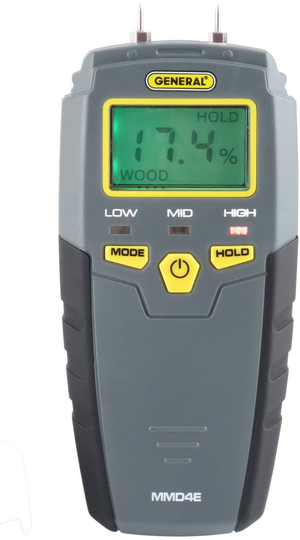 General Tools MMD4E Digital Moisture Meter, Water Leak Detector, Moisture Tester, Pin Type, Backlit LCD Display With Audible and Visual High-Medium-Low Moisture Content Alerts, Grays