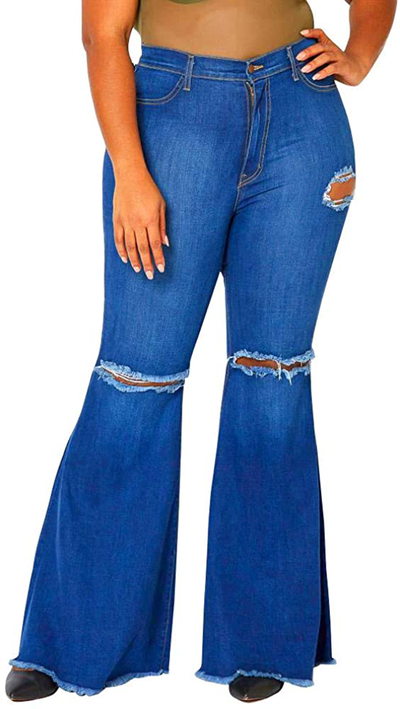 Women's Plus Size Bell Bottom Jeans Elastic Ripped Hole Classic Denim Flare Pants 5XL