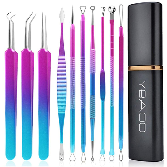Blackhead Remover Extractor Tool, Ybaoo 10 Pcs Professional Surgical Pimple Popper Tool Kit with Metal Case for Quick and Easy Removal of Blackheads,Pimples,Zit Removing,Facial and Nose(Colorful)
