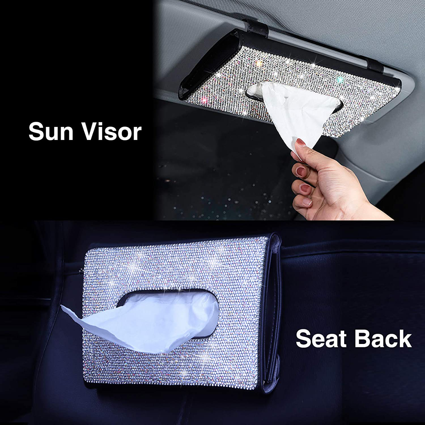 ChuLian Bling Bling Car Sun Visor Tissue Box Holder,Crystal Sparkling Napkin Holder,PU Leather Backseat Tissue Case Car Accessories for Women,Black